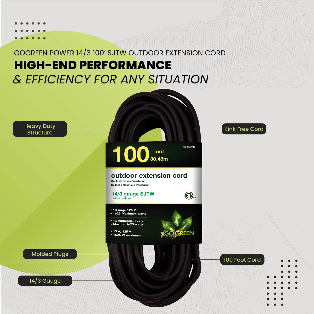 GoGreen Power GG-13800BK 14/3 SJTW Outdoor Extension Cord 30.48 m (100 ft) | Heavy Duty Contractor Grade - view 5