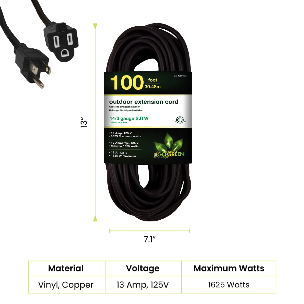 GoGreen Power GG-13800BK 14/3 SJTW Outdoor Extension Cord 30.48 m (100 ft) | Heavy Duty Contractor Grade - view 2