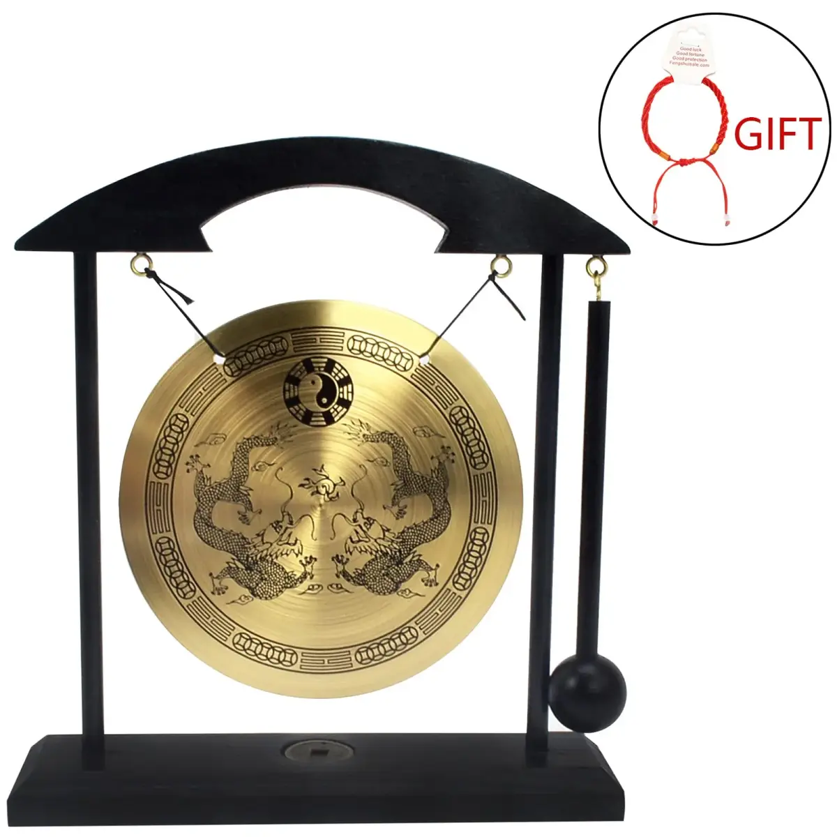 fengshuisale Brass Desktop Gong with Stand & Red String Bracelet 21cm (8.3") | Soothing Low Tone for Meditation - view 2