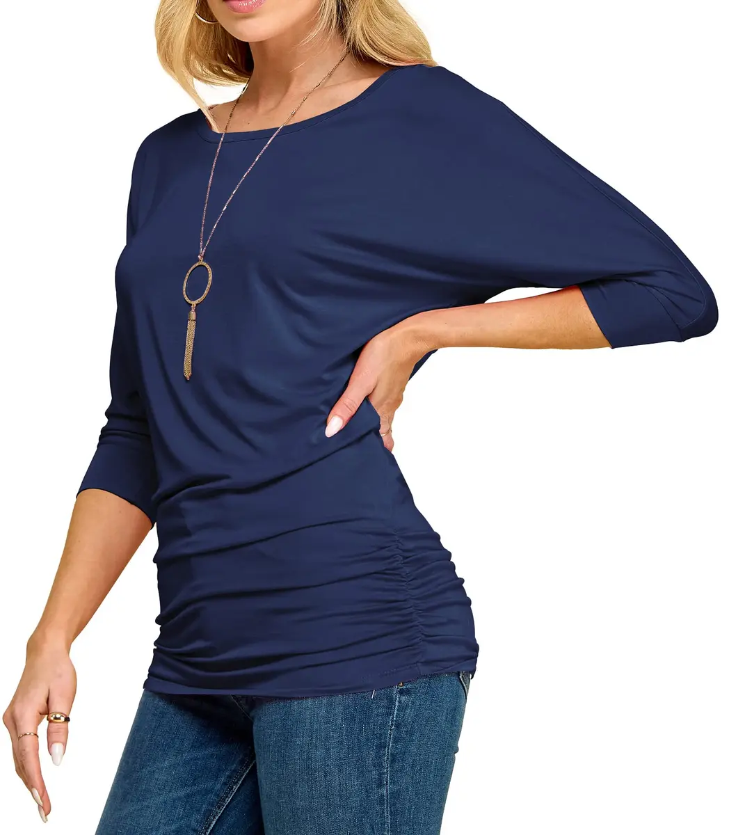 Made By Johnny Women's 3/4 Sleeve Dolman Top | Casual Loose Fit Tunic, Boat Neck, Side Shirring, Soft Stretch Navy - main product image