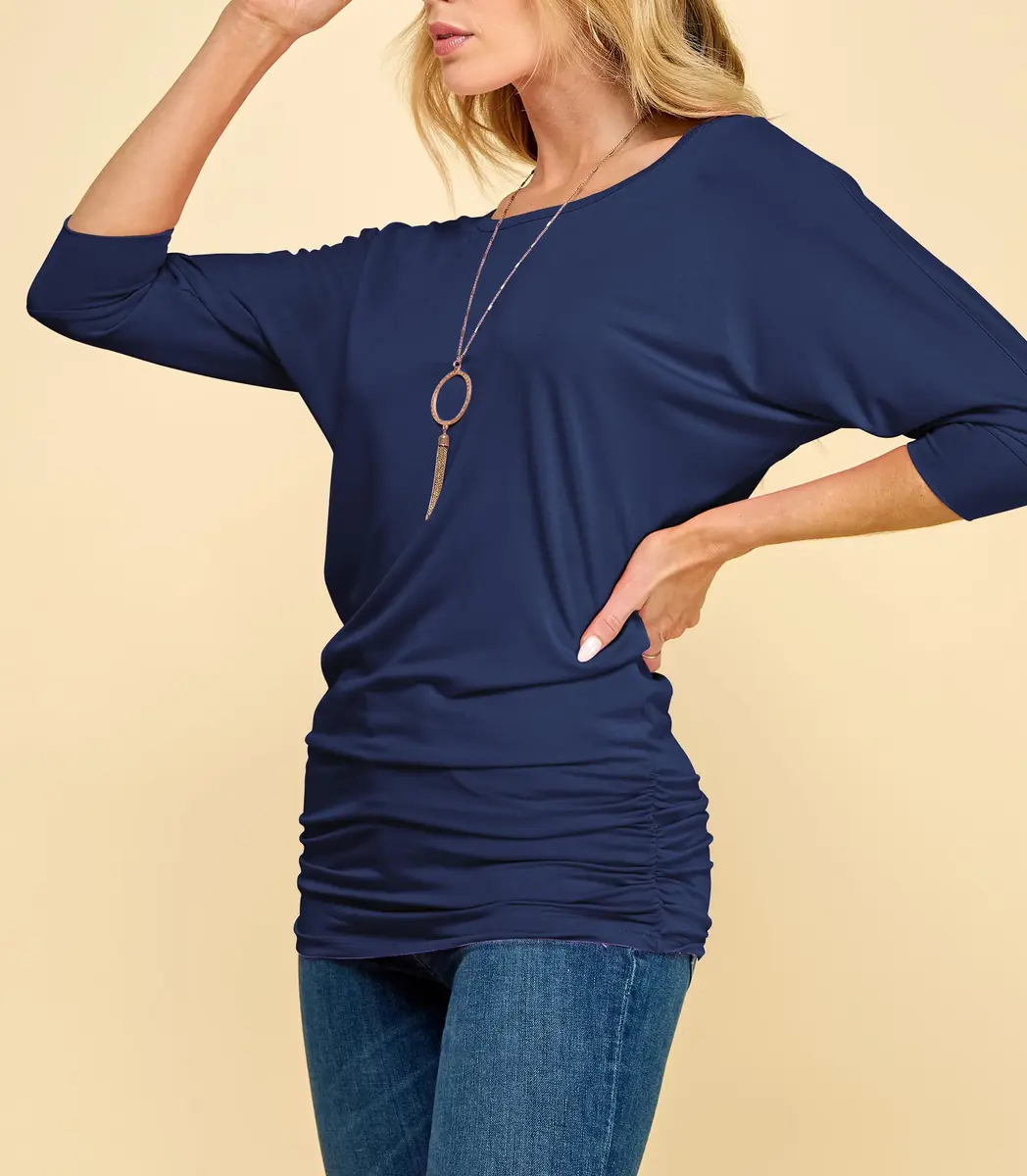 Made By Johnny Women's 3/4 Sleeve Dolman Top | Casual Loose Fit Tunic, Boat Neck, Side Shirring, Soft Stretch Navy - view 6