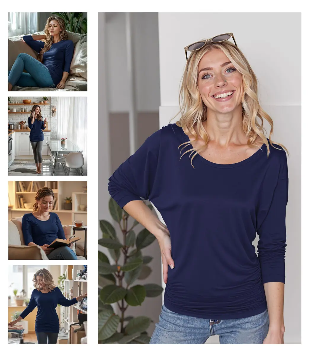 Made By Johnny Women's 3/4 Sleeve Dolman Top | Casual Loose Fit Tunic, Boat Neck, Side Shirring, Soft Stretch Navy - view 2