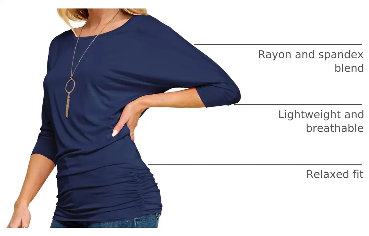 Made By Johnny Women's 3/4 Sleeve Dolman Top | Casual Loose Fit Tunic, Boat Neck, Side Shirring, Soft Stretch Navy - view 4