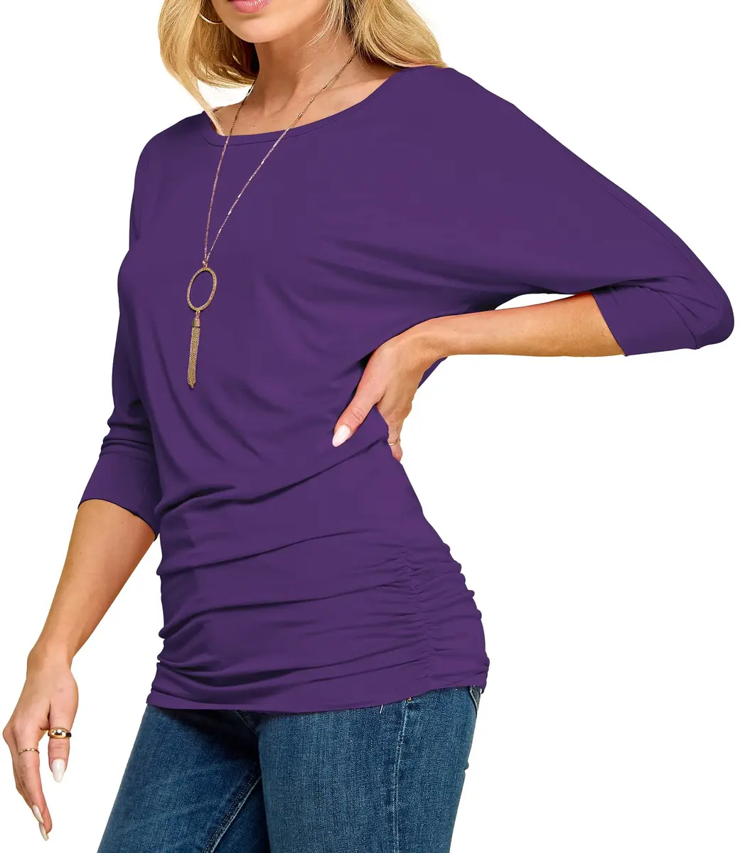 Made By Johnny Womens 3/4 Sleeve Drape Top Large Dark Purple | Casual Oversized Tunic with Drop Shoulders - main product image