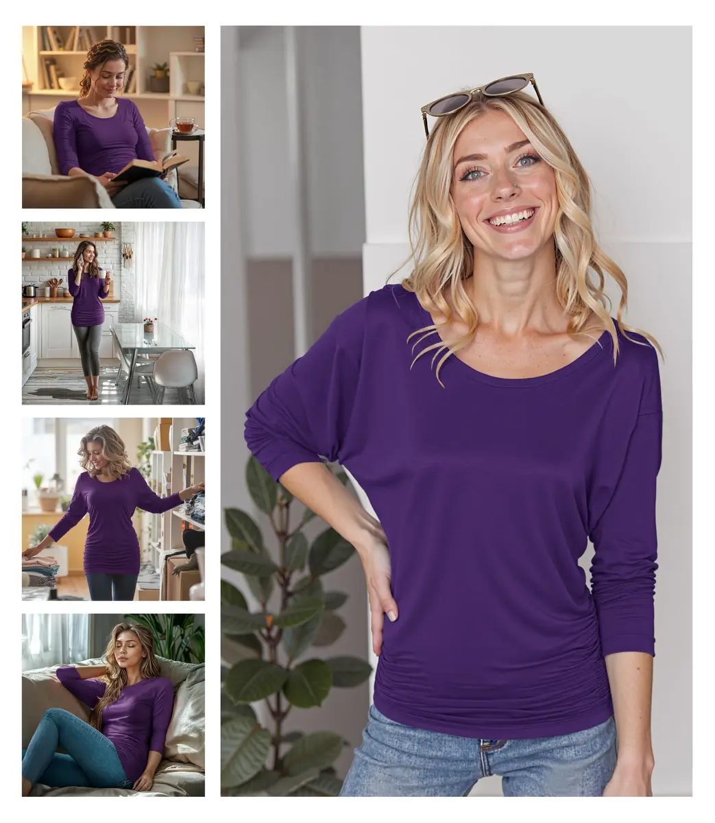Made By Johnny Womens 3/4 Sleeve Drape Top Large Dark Purple | Casual Oversized Tunic with Drop Shoulders - view 2