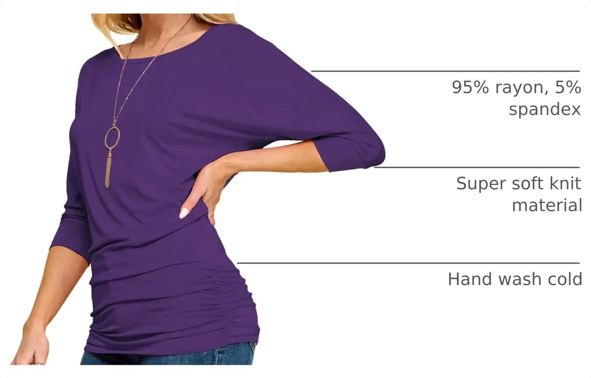 Made By Johnny Womens 3/4 Sleeve Drape Top Large Dark Purple | Casual Oversized Tunic with Drop Shoulders - view 4