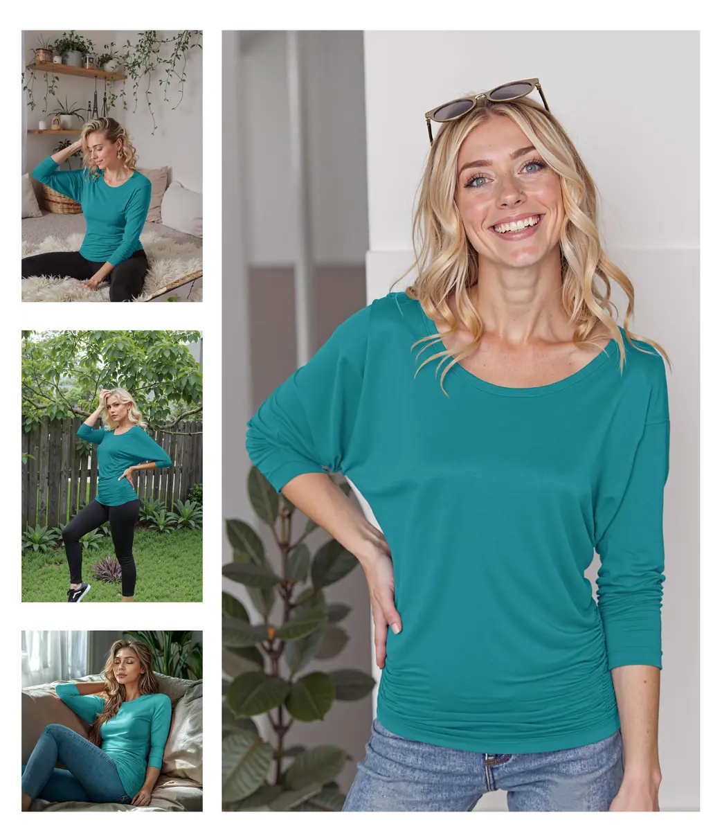 Made By Johnny Womens Tunic L Jade | Casual 3/4 Sleeve Drape Top - view 2