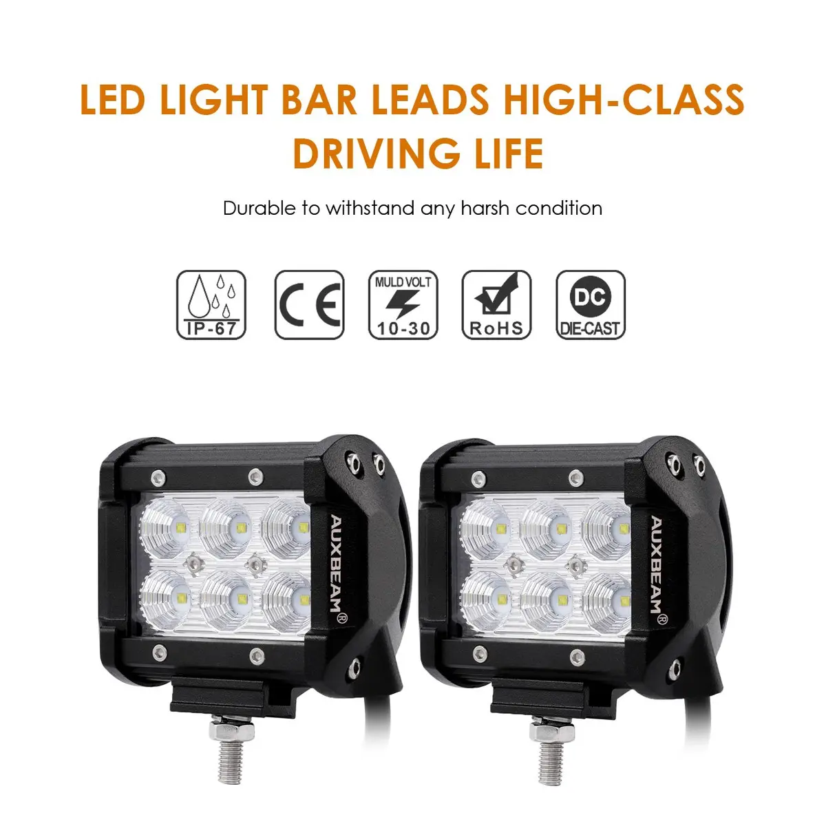 Auxbeam LED Light Bar 4" 18W Flood Beam Off Road Lights | IP67 Waterproof, 1260-1800lm, 6000K, Heavy Duty Aluminum - view 9