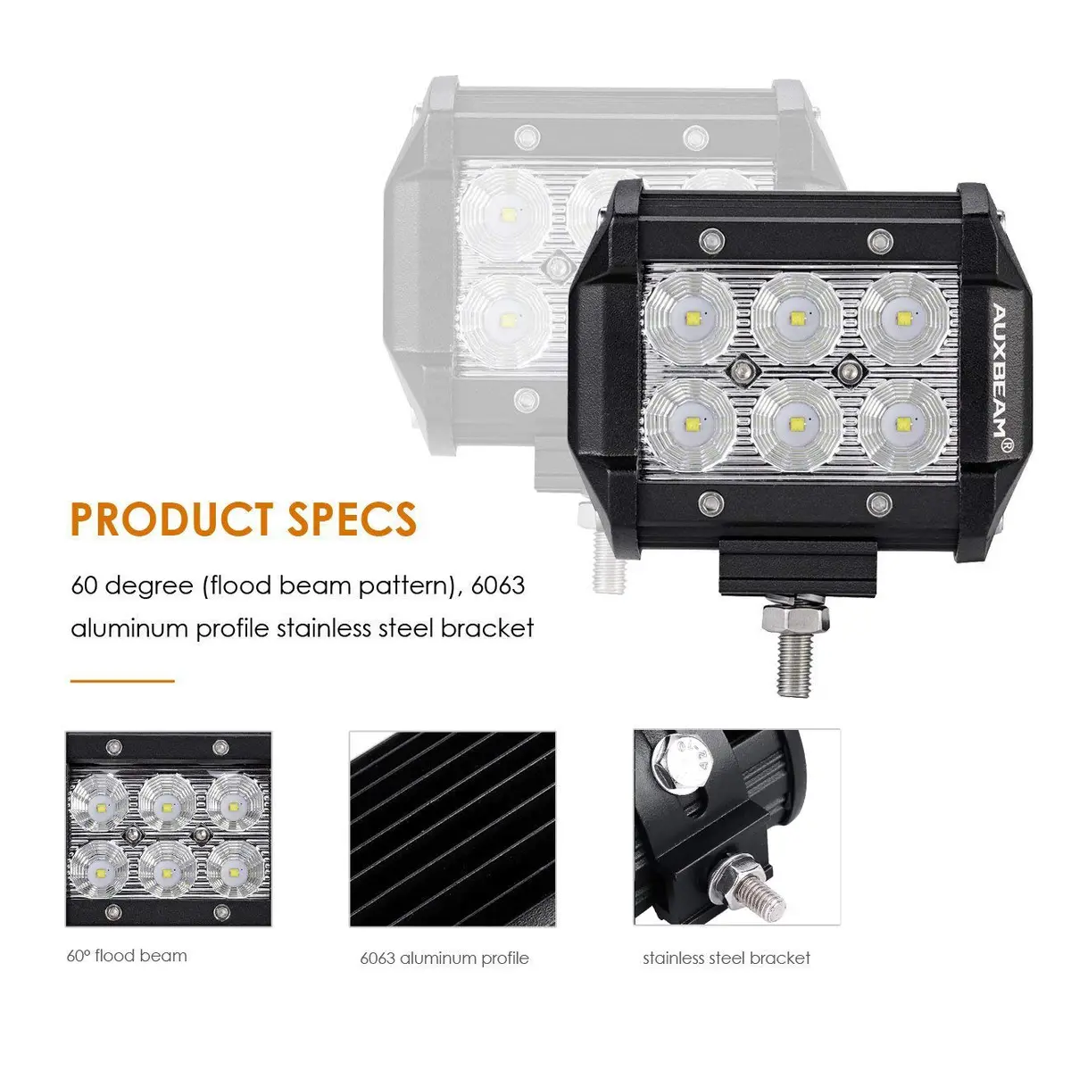 Auxbeam LED Light Bar 4" 18W Flood Beam Off Road Lights | IP67 Waterproof, 1260-1800lm, 6000K, Heavy Duty Aluminum - view 3