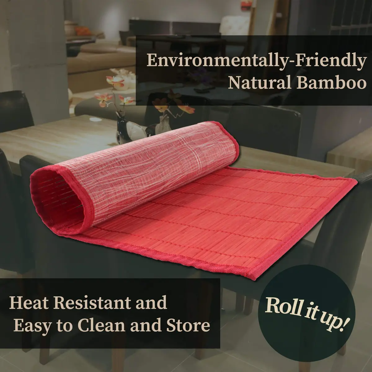 BambooMN Bamboo Placemat - 18" x 13" | Red, 6 pcs | Reversible & Eco-Friendly - view 3