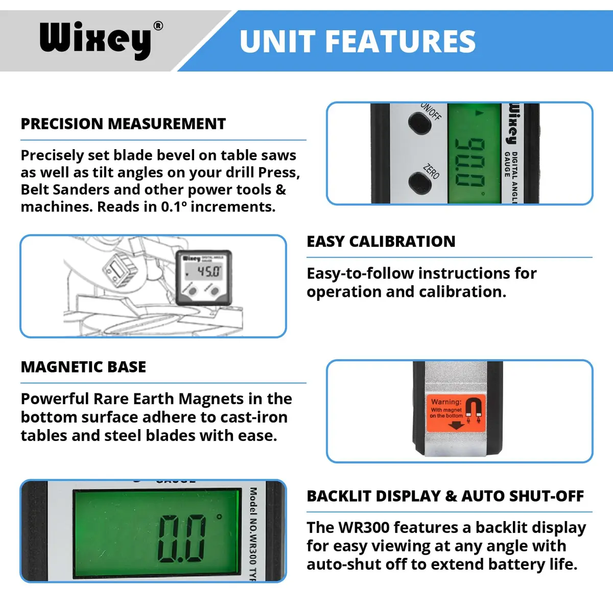 Wixey Digital Angle Gauge for Table Saw & Miter Saw, Magnetic | Precise, Backlit LCD, Magnetic Base - view 2