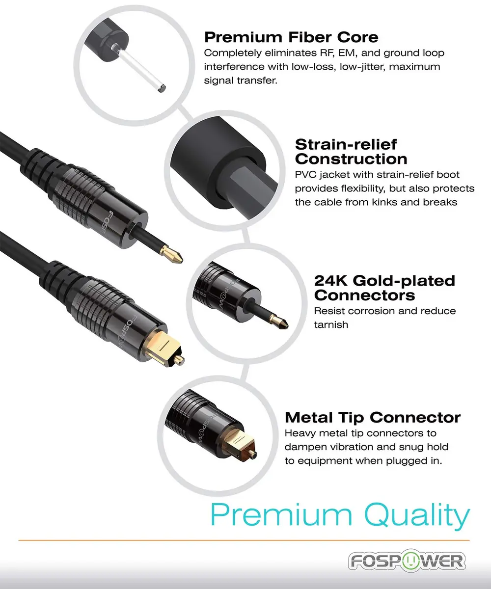FosPower 24K Gold Plated Toslink to Mini Toslink Optical Cable 6ft | Supports 5.1/7.1 Surround Sound - view 7