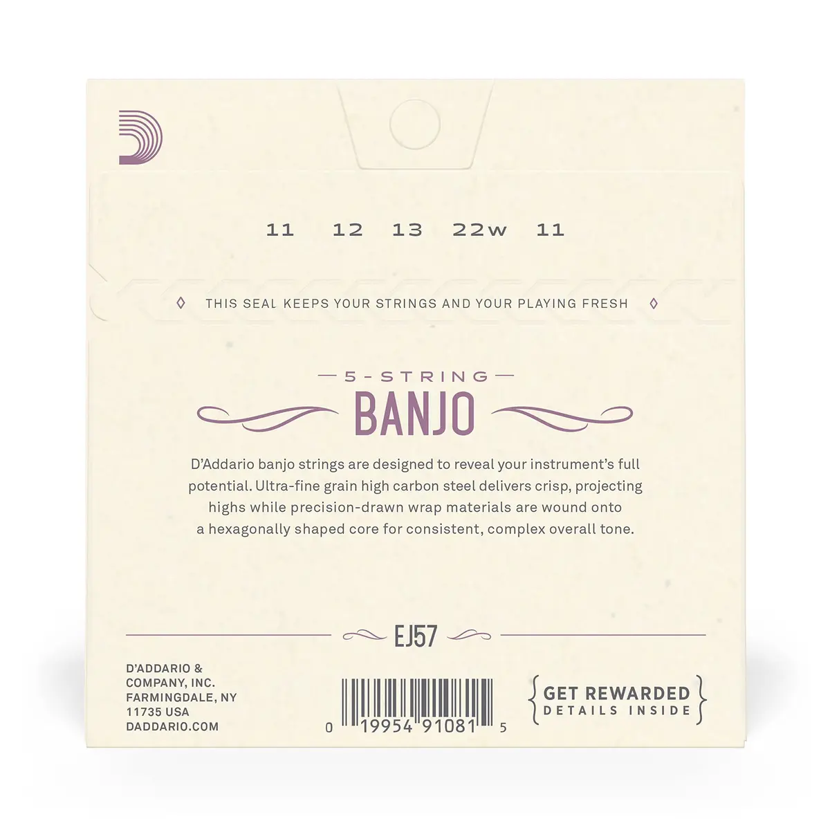 D'Addario EJ57 Banjo Strings, Nickel-Plated Steel, Custom Medium Gauge 11-22, 5-String Set | Warm, Bright Tone - view 3