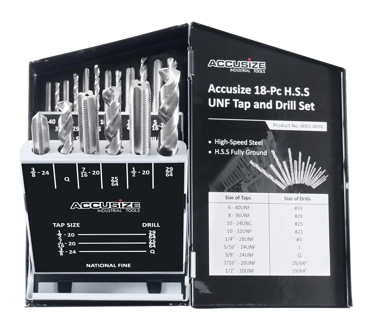 Accusize Industrial Tools HSS Tap and Drill Set, UNF, 18 Pc | Fully Ground, UNF Taps & Drills for Industrial Use - main product image