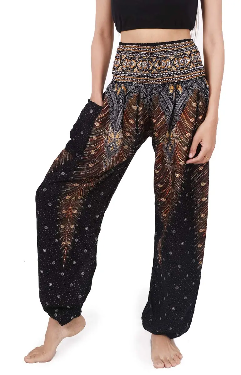 Banjamath Women's Smocked Waist Harem Hippie Boho Yoga Palazzo Casual Pants (M,Peacock Black) | Loose Fit Rayon Pants for Yoga & Relaxation - main product image