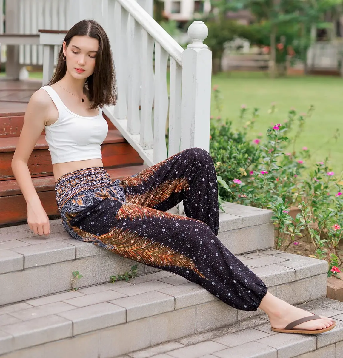 Banjamath Women's Smocked Waist Harem Hippie Boho Yoga Palazzo Casual Pants (M,Peacock Black) | Loose Fit Rayon Pants for Yoga & Relaxation - view 6
