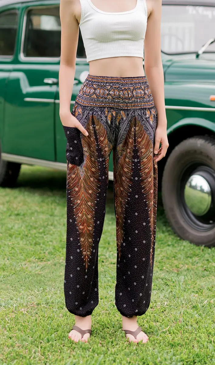 Banjamath Women's Smocked Waist Harem Hippie Boho Yoga Palazzo Casual Pants (M,Peacock Black) | Loose Fit Rayon Pants for Yoga & Relaxation - view 7
