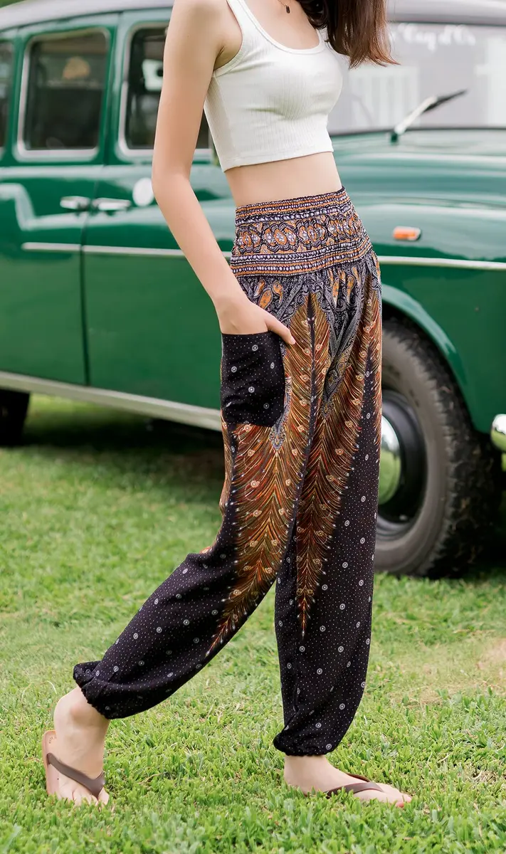 Banjamath Women's Smocked Waist Harem Hippie Boho Yoga Palazzo Casual Pants (M,Peacock Black) | Loose Fit Rayon Pants for Yoga & Relaxation - view 8
