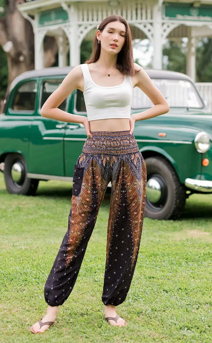Banjamath Women's Smocked Waist Harem Hippie Boho Yoga Palazzo Casual Pants (M,Peacock Black) | Loose Fit Rayon Pants for Yoga & Relaxation - view 3