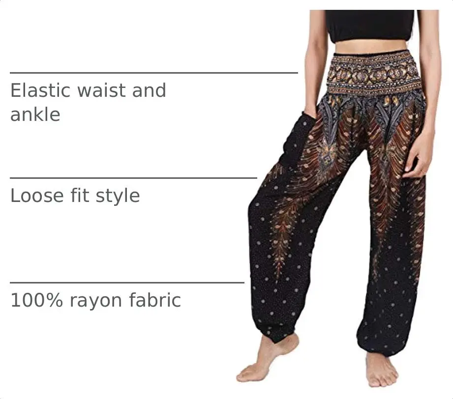 Banjamath Women's Smocked Waist Harem Hippie Boho Yoga Palazzo Casual Pants (M,Peacock Black) | Loose Fit Rayon Pants for Yoga & Relaxation - view 4