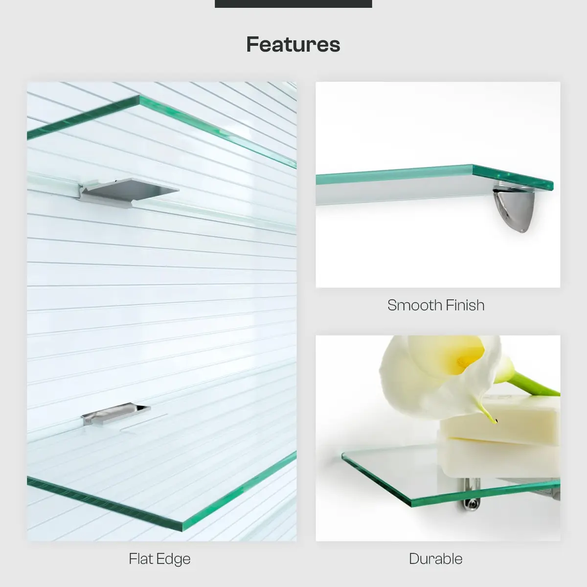 Fab Glass and Mirror Rectangle Floating Shelf Kit 12" x 27" | Tempered Clear Glass Wall Shelf - view 3