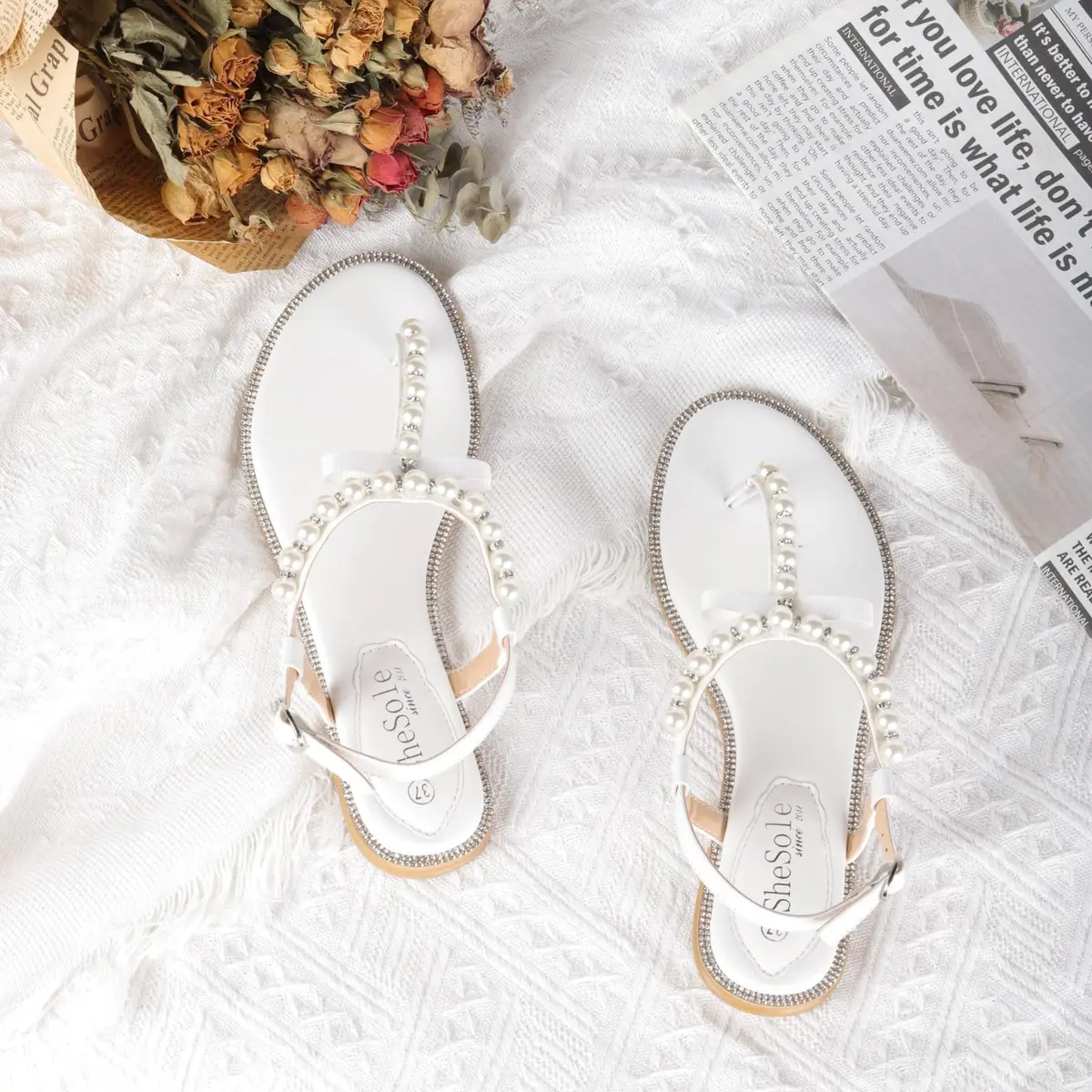 SheSole Women's Pearl Wedding Sandals Flat T-Strap White US 7 | Comfortable Summer Style - view 3