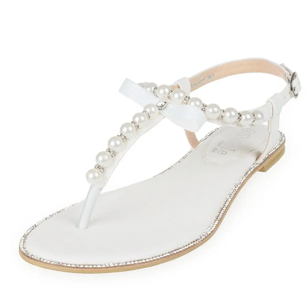 SheSole Women's Pearl Wedding Sandals, Flat T-Strap, White, US 8 | Elegant Summer Flat Sandals with Pearl Embellishments - main product image
