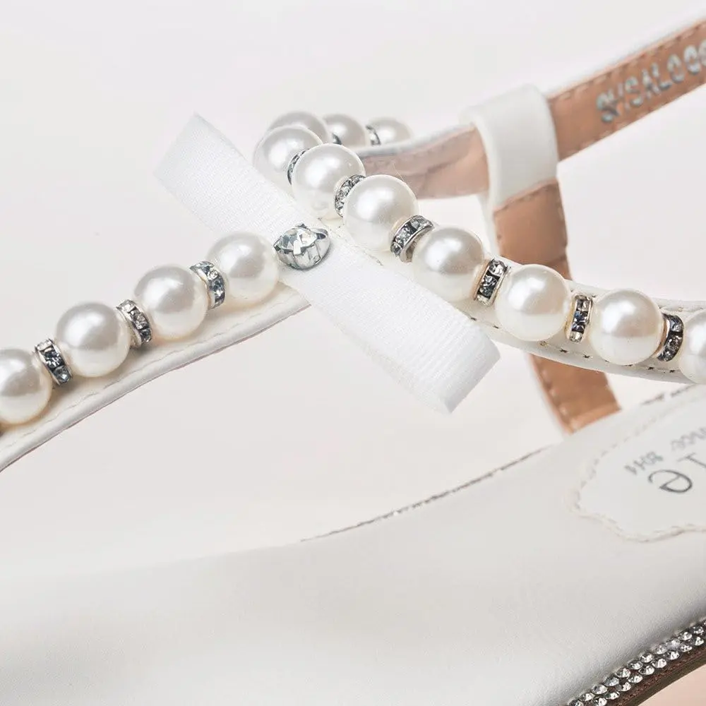 SheSole Women's Pearl Wedding Sandals, Flat T-Strap, White, US 8 | Elegant Summer Flat Sandals with Pearl Embellishments - view 6