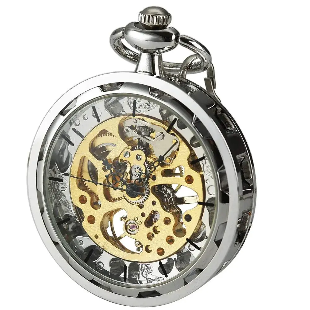 VIGOROSO Vintage Silver Mechanical Pocket Watch with Chain | 4.3 cm Case | Roman Numeral Dial - main product image
