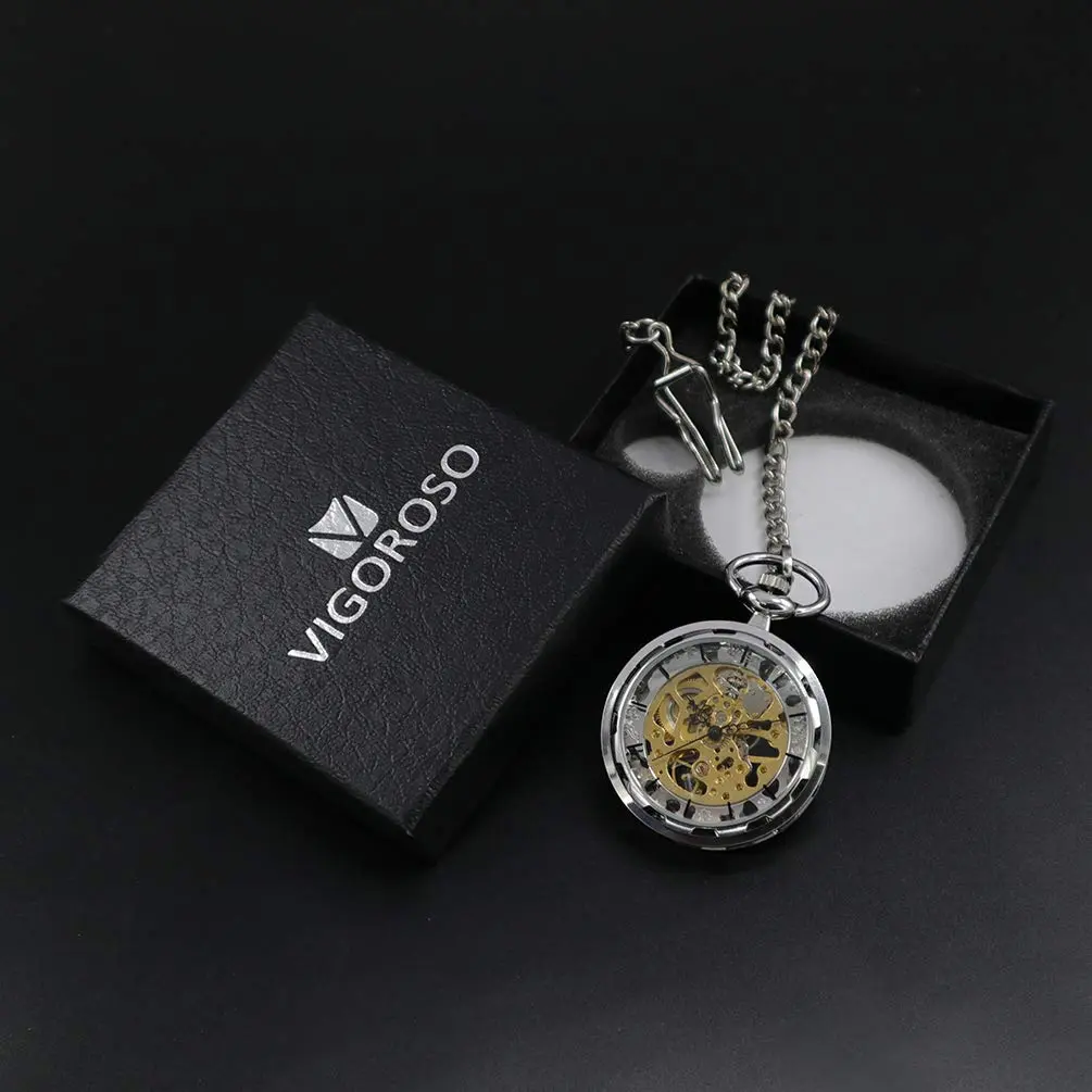 VIGOROSO Mens Classic Steampunk Pocket Watch Gold Skeleton Hand Wind Mechanical Watches in Box | Unique Skeleton Dial, Hand-Wound, 30H Power - view 6