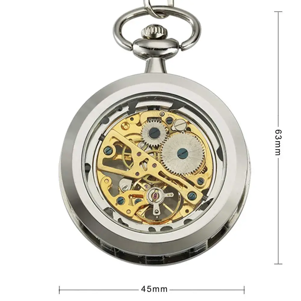 VIGOROSO Vintage Silver Mechanical Pocket Watch with Chain | 4.3 cm Case | Roman Numeral Dial - view 2