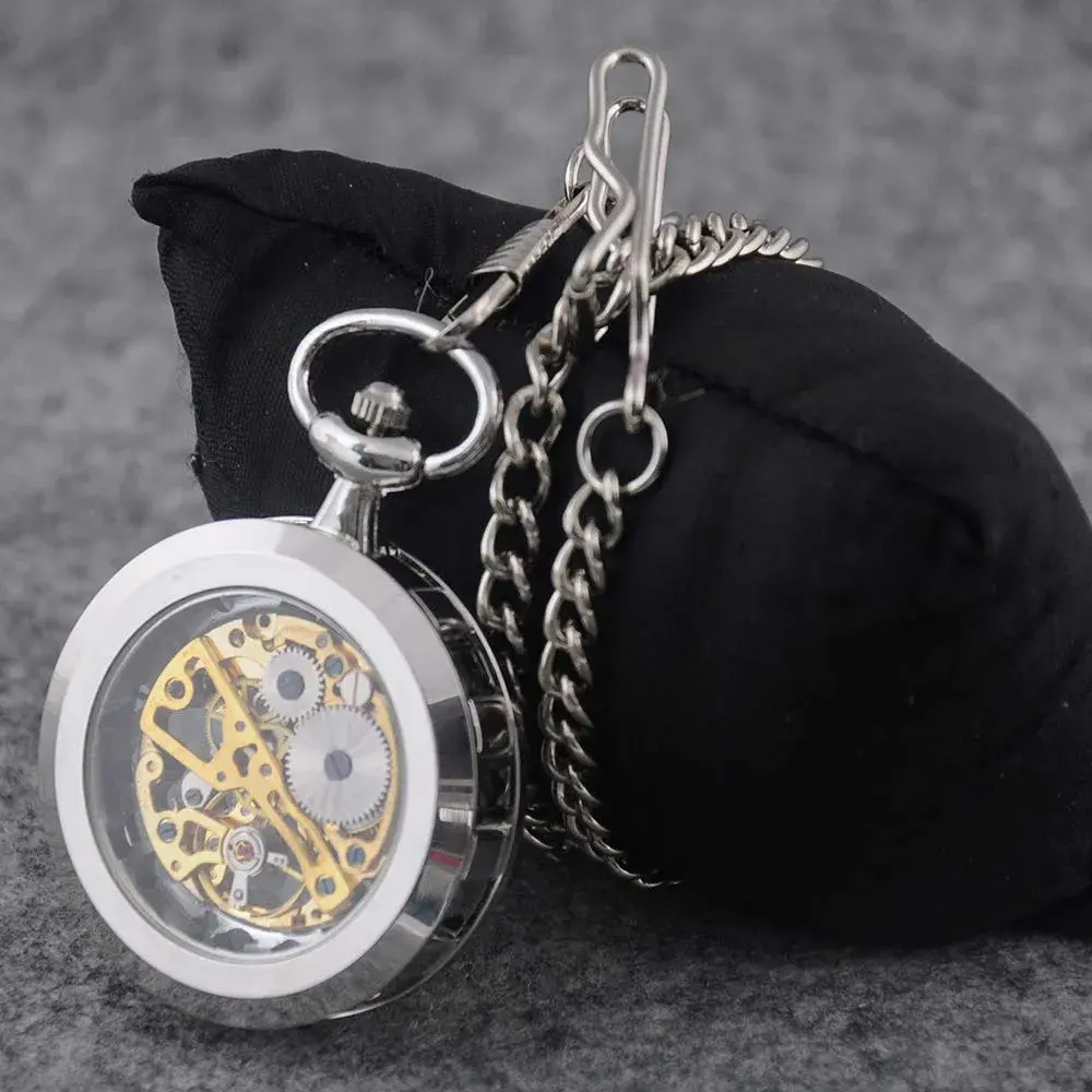 VIGOROSO Vintage Silver Mechanical Pocket Watch with Chain | 4.3 cm Case | Roman Numeral Dial - view 3