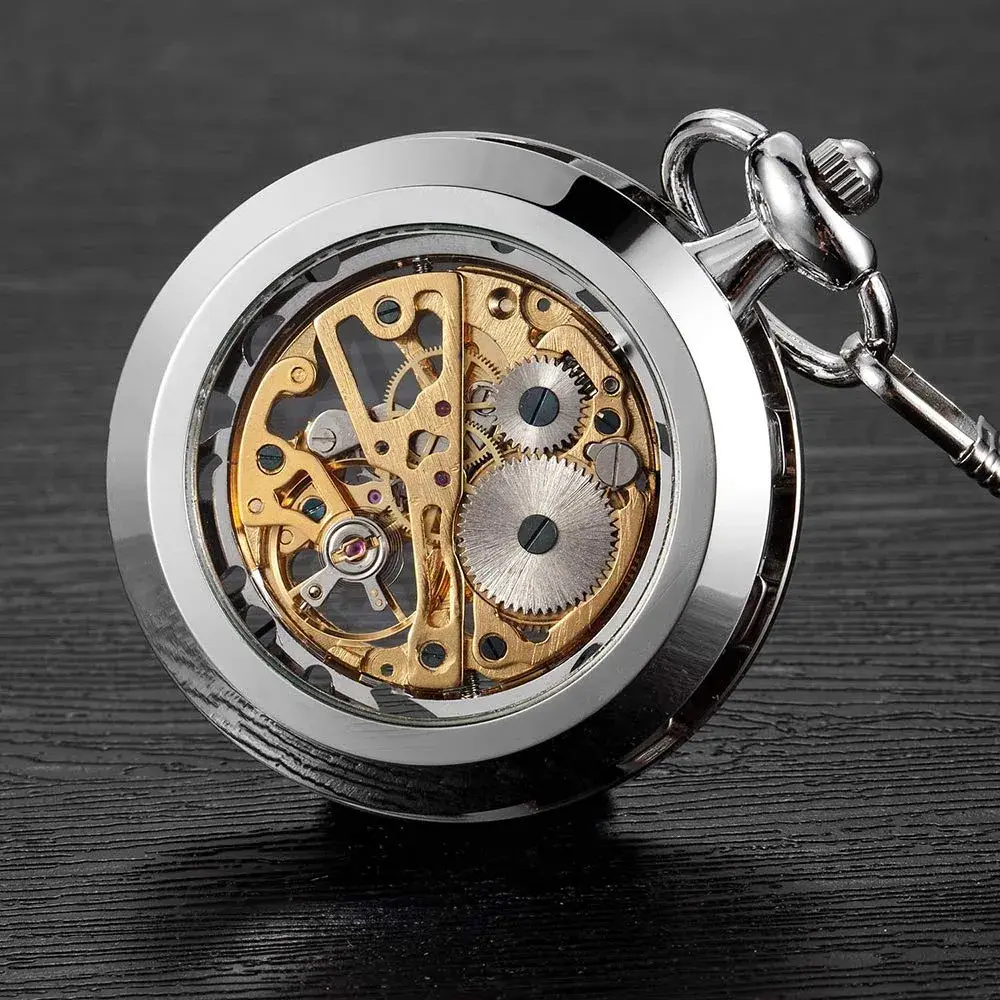 VIGOROSO Vintage Silver Mechanical Pocket Watch with Chain | 4.3 cm Case | Roman Numeral Dial - view 4