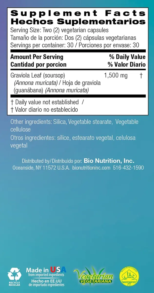 Bio Nutrition Graviola Soursop 60 Vegetarian Capsules Gluten Free Herbal Supplement | Supports Natural Wellness - view 7