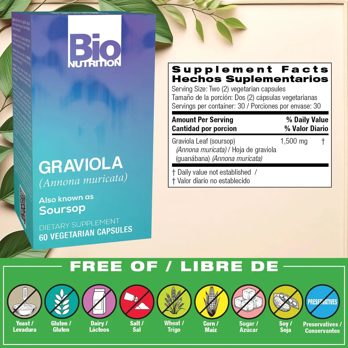 Bio Nutrition Graviola Soursop 60 Vegetarian Capsules Gluten Free Herbal Supplement | Supports Natural Wellness - view 2