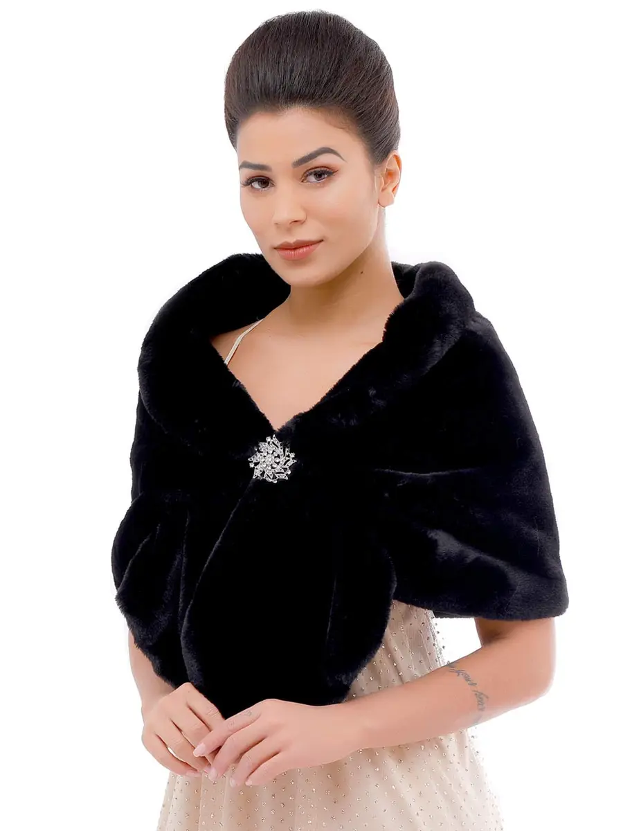 Aukmla Women's Wedding Fur Wraps and Shawls Bridal Fur Stoles Scarf with Rhinestones Brooch for Bride and Bridesmaids (Black, US 4-14 (S-M)) | Elegant Bridal Fur Wrap - main product image