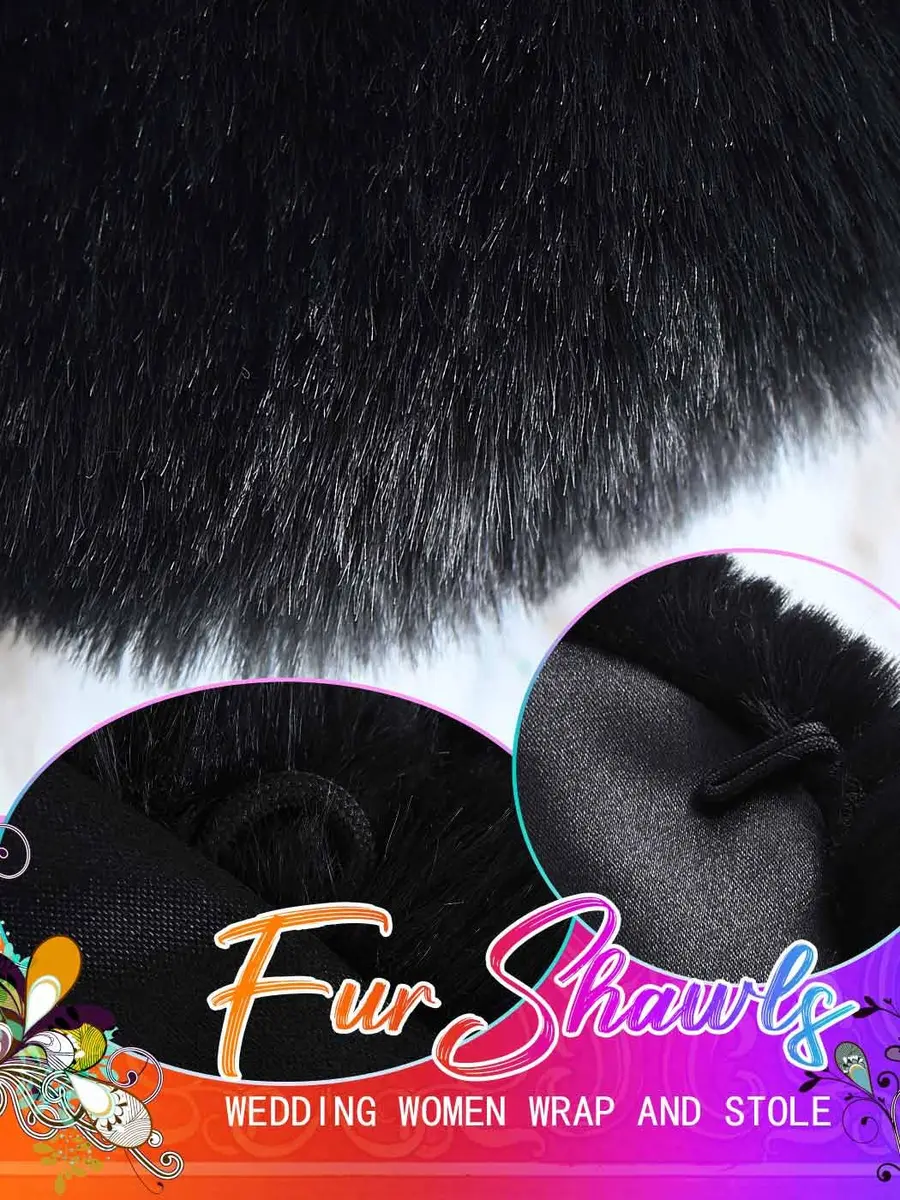 Aukmla Women's Wedding Fur Wraps and Shawls Bridal Fur Stoles Scarf with Rhinestones Brooch for Bride and Bridesmaids (Black, US 4-14 (S-M)) | Elegant Bridal Fur Wrap - view 5