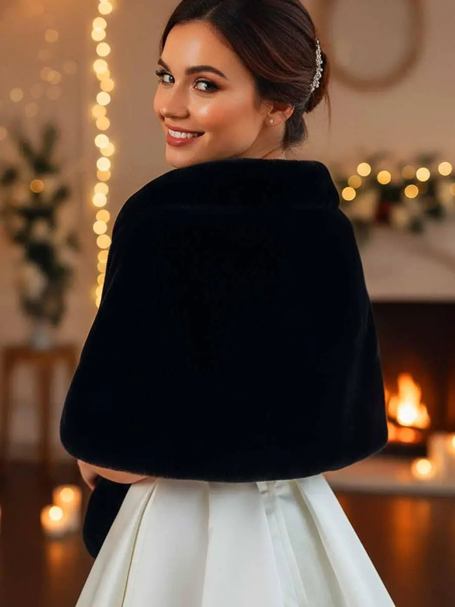 Aukmla Women's Wedding Fur Wraps and Shawls Bridal Fur Stoles Scarf with Rhinestones Brooch for Bride and Bridesmaids (Black, US 4-14 (S-M)) | Elegant Bridal Fur Wrap - view 7
