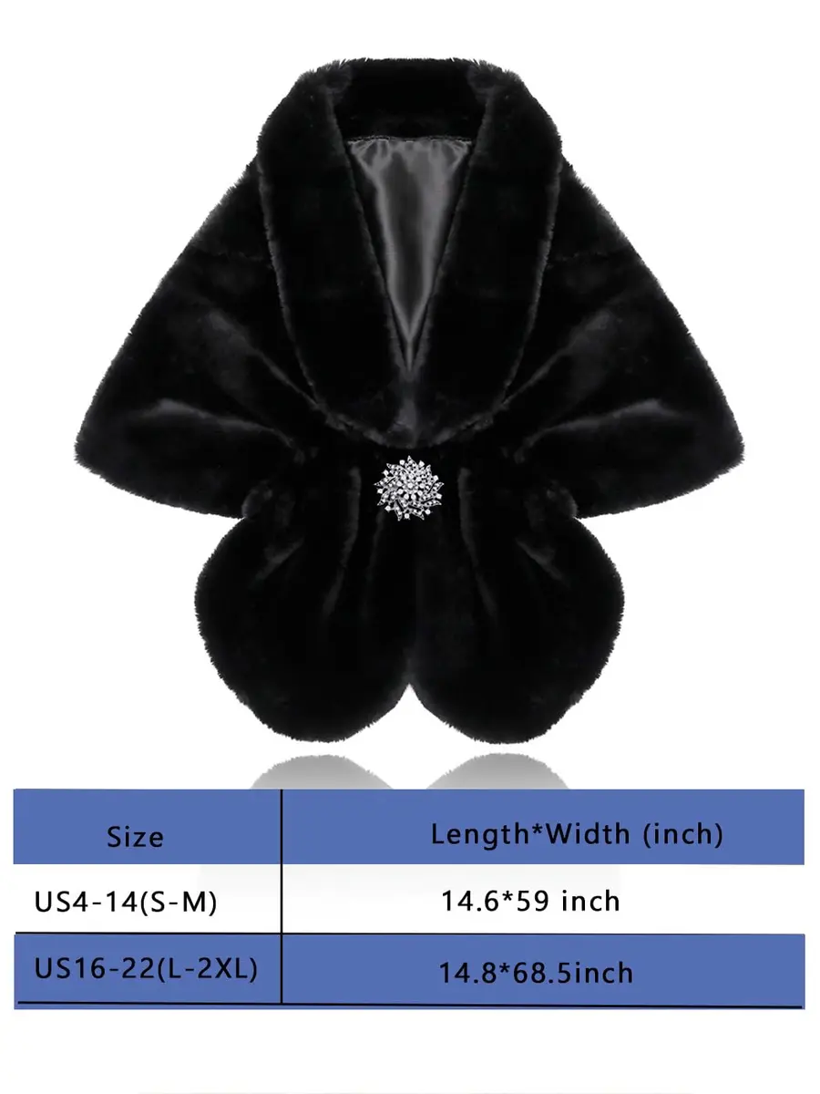 Aukmla Women's Wedding Fur Wraps and Shawls Bridal Fur Stoles Scarf with Rhinestones Brooch for Bride and Bridesmaids (Black, US 4-14 (S-M)) | Elegant Bridal Fur Wrap - view 3