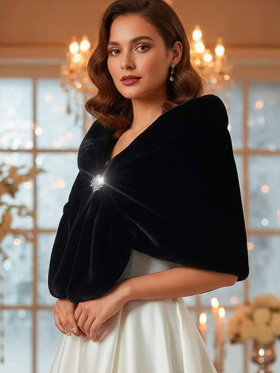 Aukmla Women's Wedding Fur Wraps and Shawls Bridal Fur Stoles Scarf with Rhinestones Brooch for Bride and Bridesmaids (Black, US 4-14 (S-M)) | Elegant Bridal Fur Wrap - view 4
