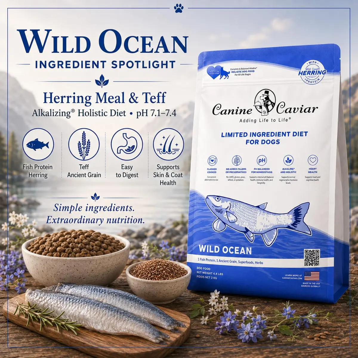 Canine Caviar Wild Ocean Dry Dog Food Herring & Teff 22 lb | Alkaline, Limited Ingredient, Natural Nutrition - view 7