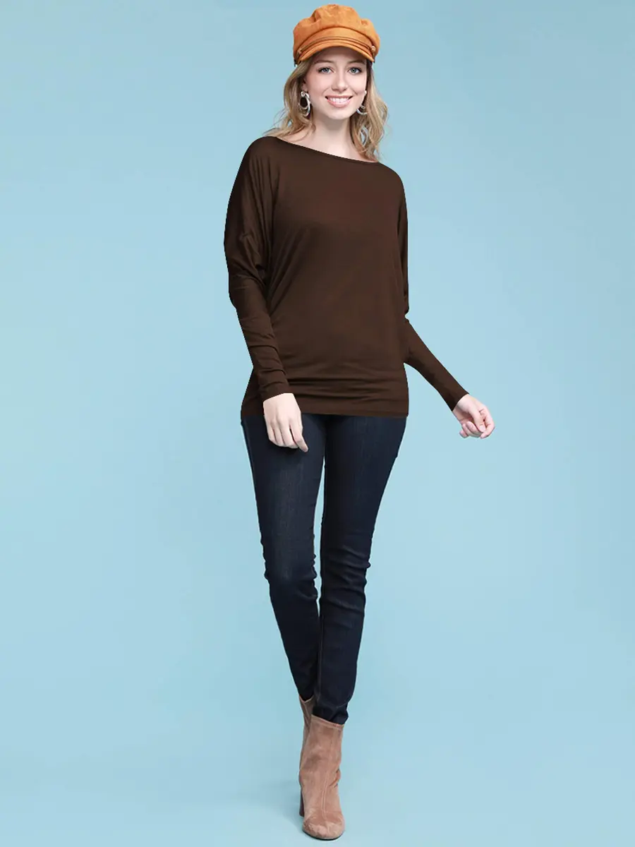 Lock and Love Women's Casual Flowy Batwing Dolman Top | Soft & Comfortable Loose Fit Pullover M Brown - view 3