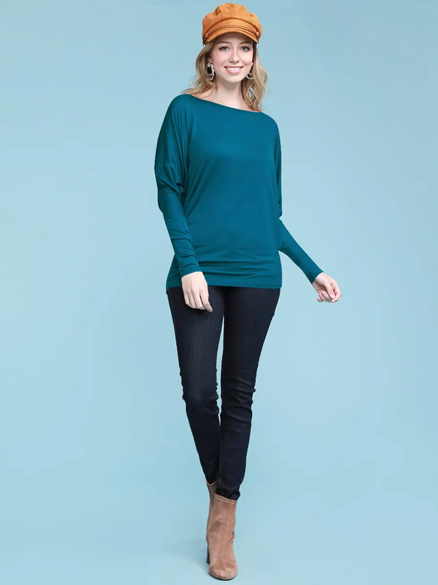 Lock and Love Women's Batwing Dolman Top, Teal | Soft & Flowy Long Sleeve Shirt - view 3