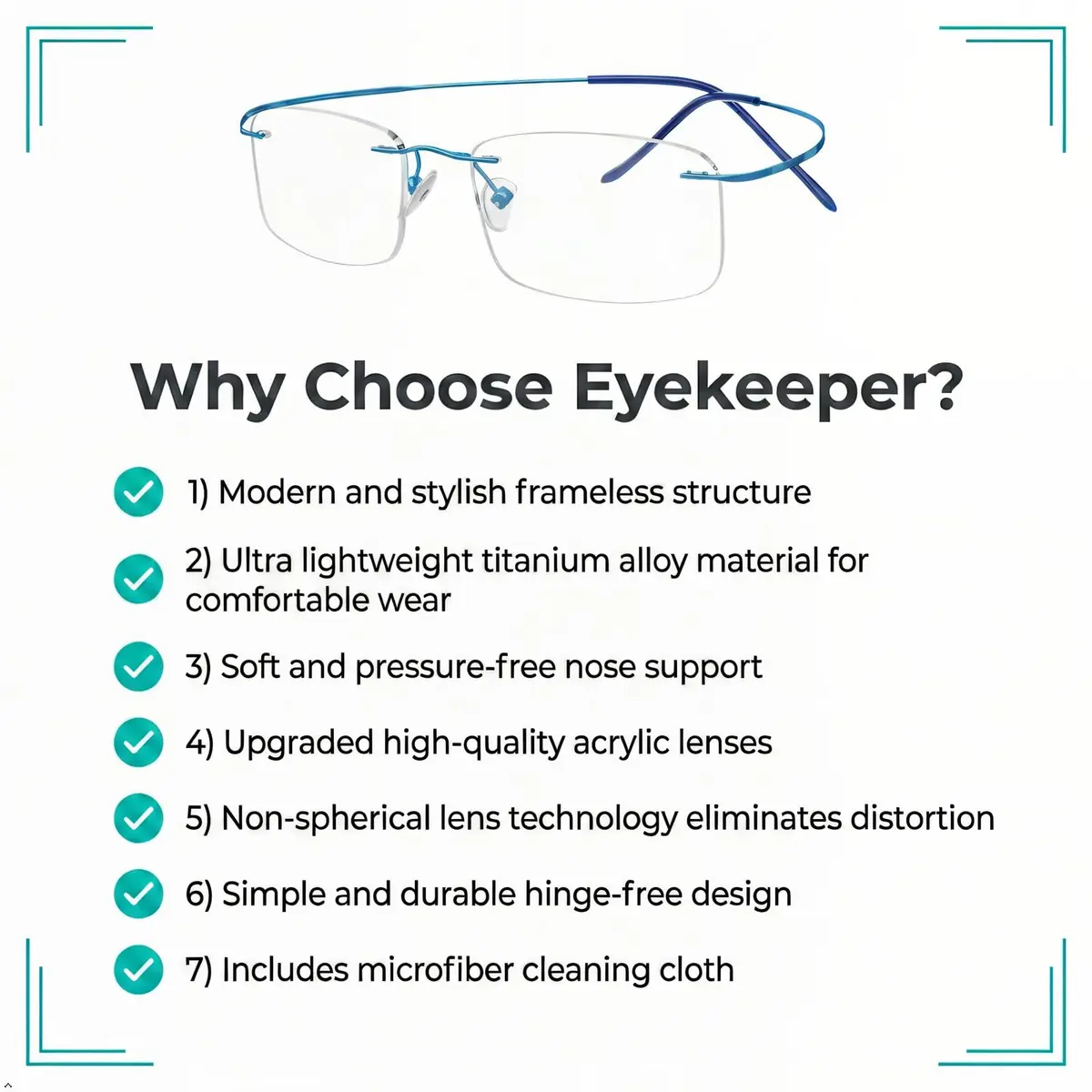 Eyekepper 1.00 Reading Glasses for Men and Women | Blue Rimless Magnifiers with 1 Diopter (120mm arm) - view 3