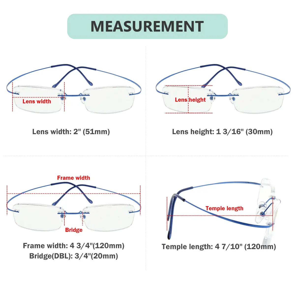 Eyekepper 1.00 Reading Glasses for Men and Women | Blue Rimless Magnifiers with 1 Diopter (120mm arm) - view 4