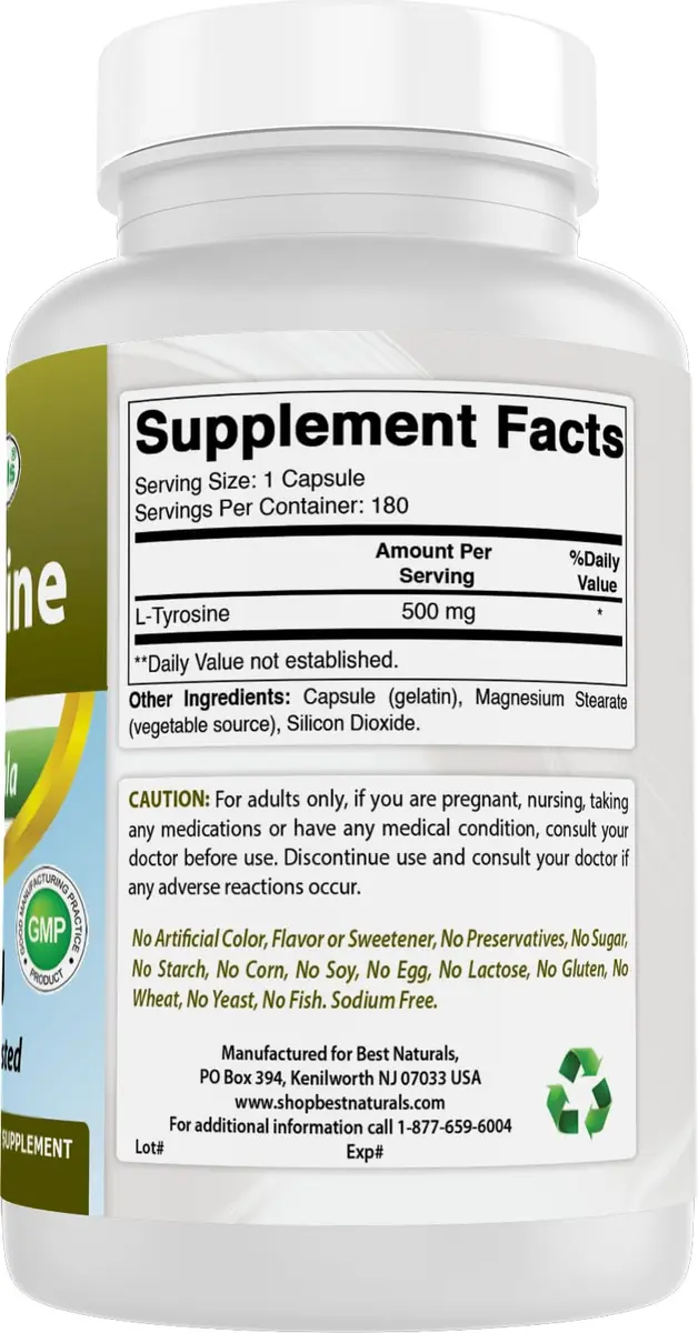 Best Naturals L-Tyrosine 500 Mg 180 Capsules Supports Mental Alertness, Energy, Focus, Healthy Glandular Function and Balance - view 6
