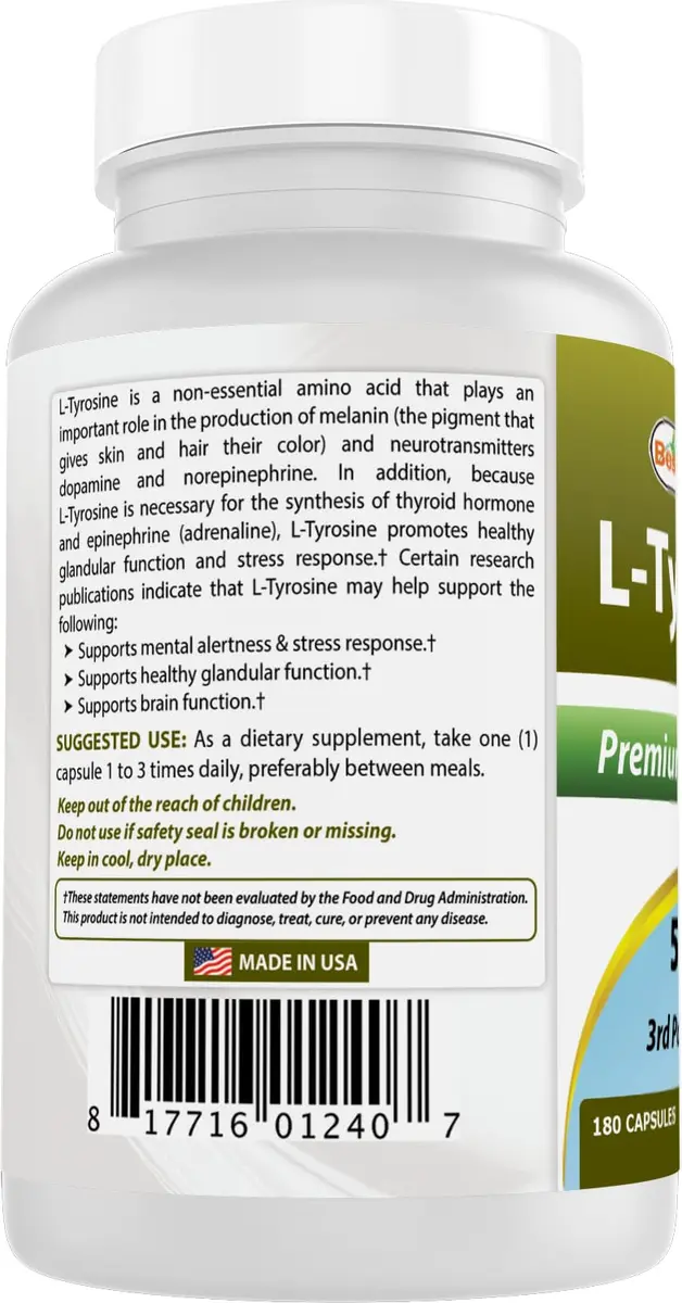 Best Naturals L-Tyrosine 500 Mg 180 Capsules Supports Mental Alertness, Energy, Focus, Healthy Glandular Function and Balance - view 7