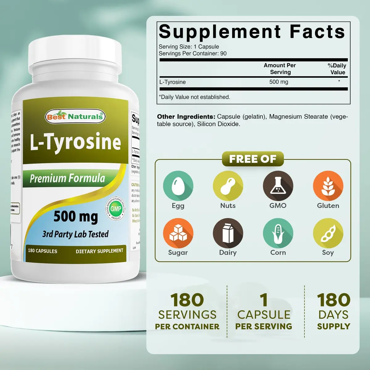 Best Naturals L-Tyrosine 500 Mg 180 Capsules Supports Mental Alertness, Energy, Focus, Healthy Glandular Function and Balance - view 2
