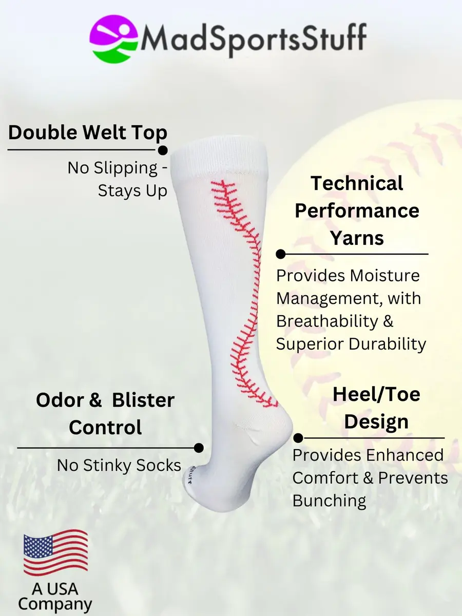 MadSportsStuff Softball Socks with Stitches Over the Calf | Youth Performance Athletic Socks in White/Red - view 5