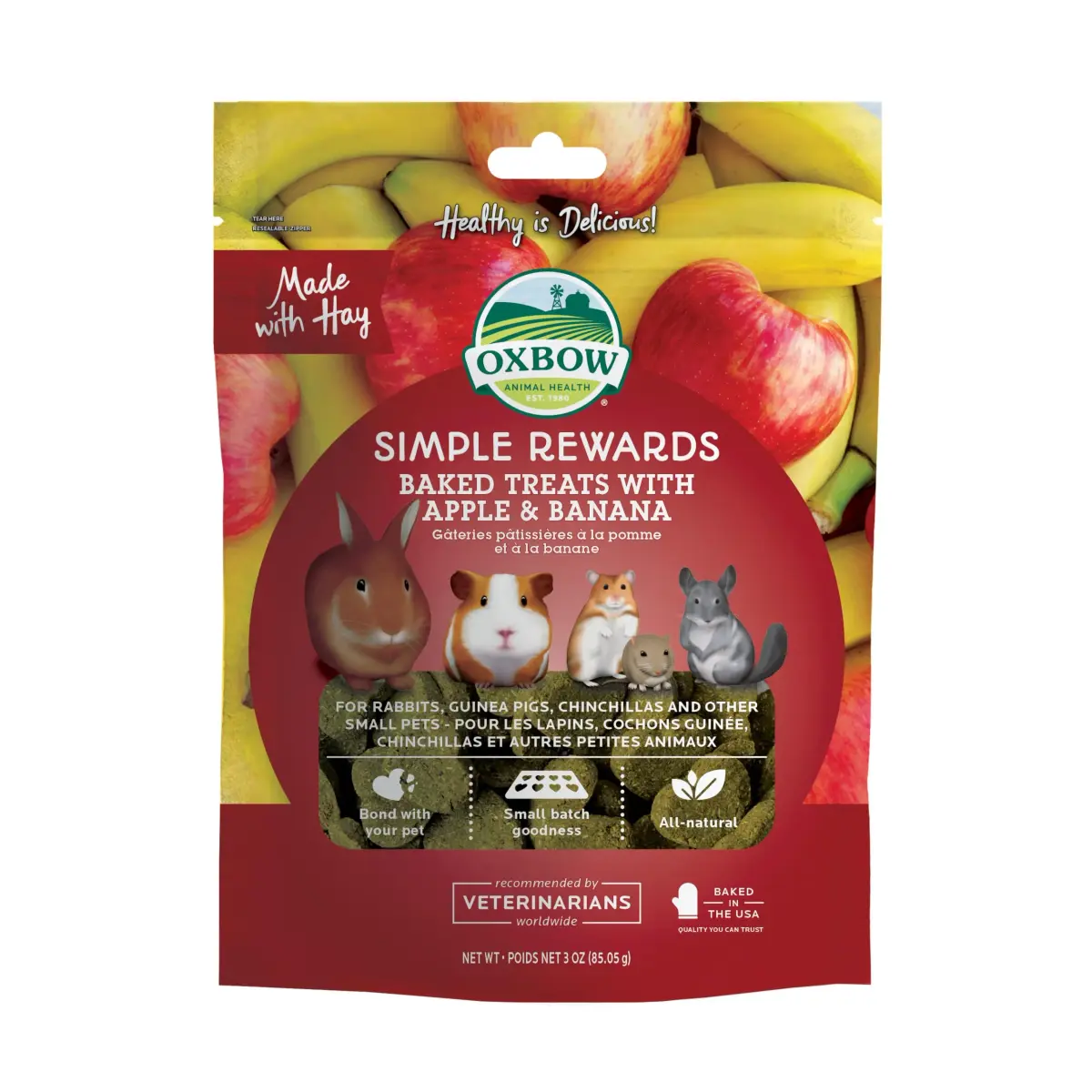 Oxbow Simple Rewards Apple Banana Treats for Rabbits & Guinea Pigs, 85g (3 oz) | High Fiber Baked Snack - main product image